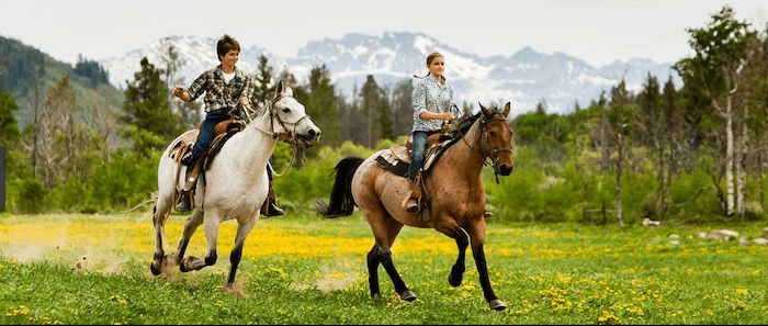 Confident plus-size woman riding Warrington a horse through a field with a smile on her face.
